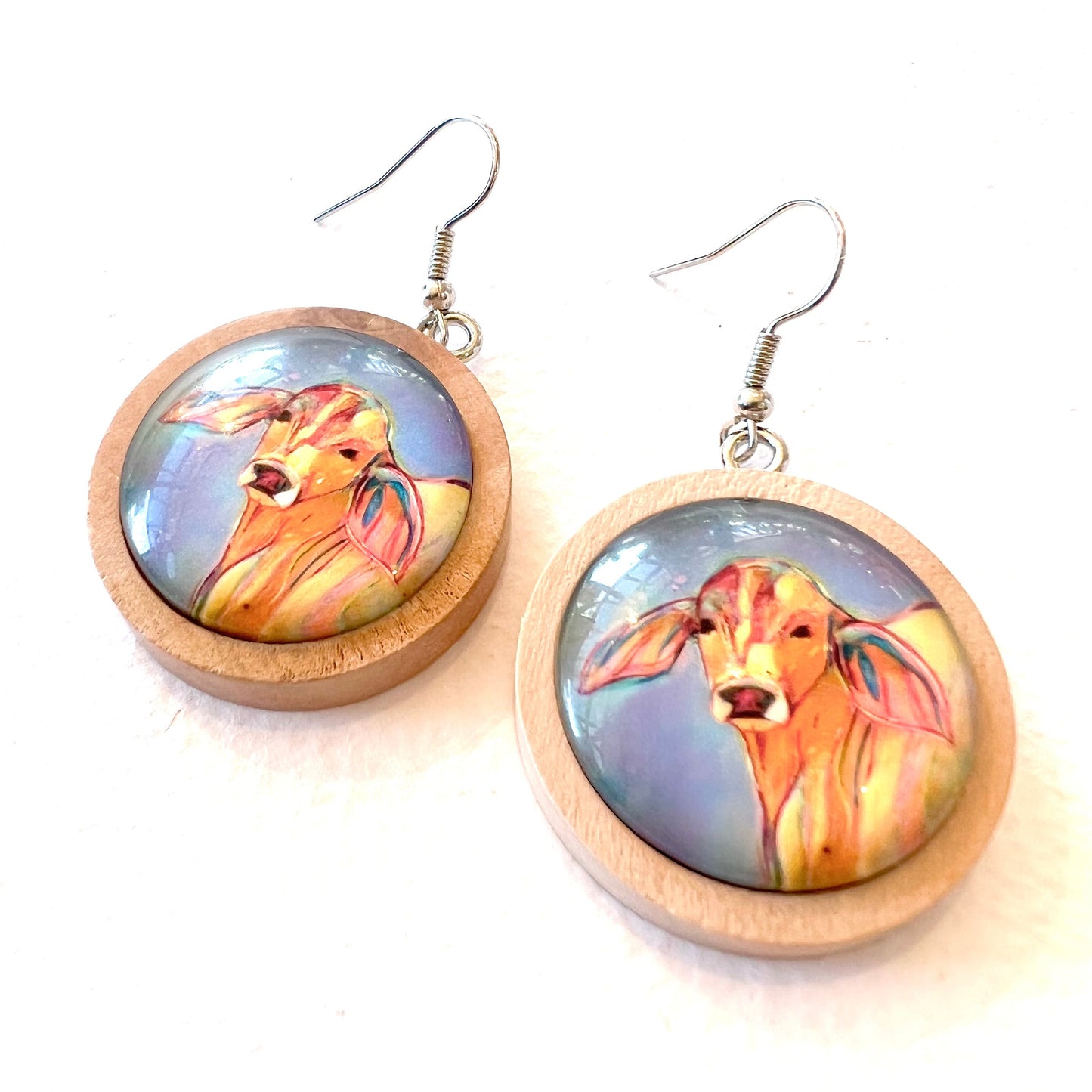 Glass Drop Earring - Rainbow Cow Light Wood