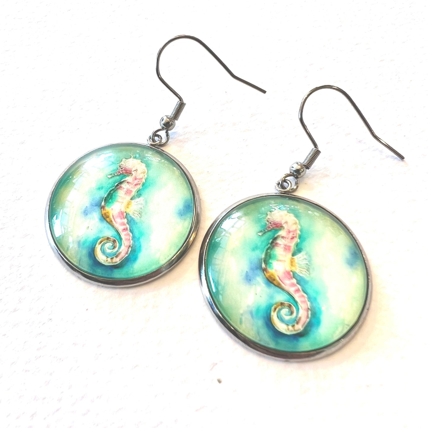 Glass Drop Earring - Pink Seahorse Steel