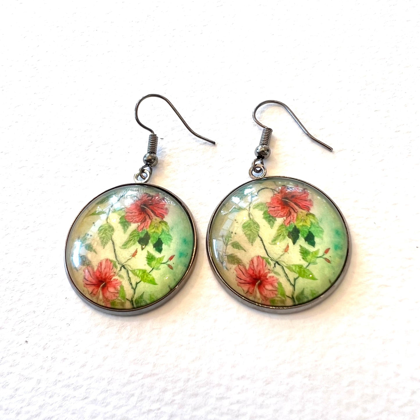 Glass Drop Earring - Dual Hibiscus Steel